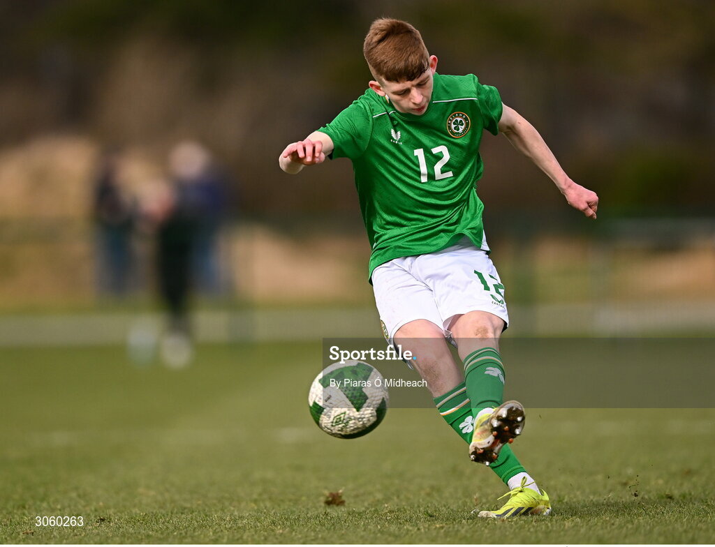 28 February 2025; Danny Burke of Republic of Ireland during the U16 Boys International Friendly match between Repubic of Ireland and Finland at the FAI National Training Centre in Abbotstown, Dublin. Photo by Piaras Ó Mídheach/Sportsfile