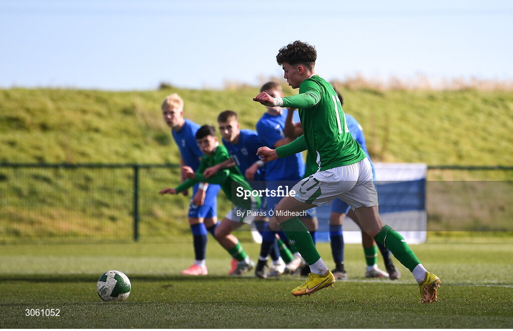 28 February 2025; Josh Harpur of Republic of Ireland shoots to score his side's first goal, from a penalty, during the U16 Boys International Friendly match between Repubic of Ireland and Finland at the FAI National Training Centre in Abbotstown, Dublin. Photo by Piaras Ó Mídheach/Sportsfile
