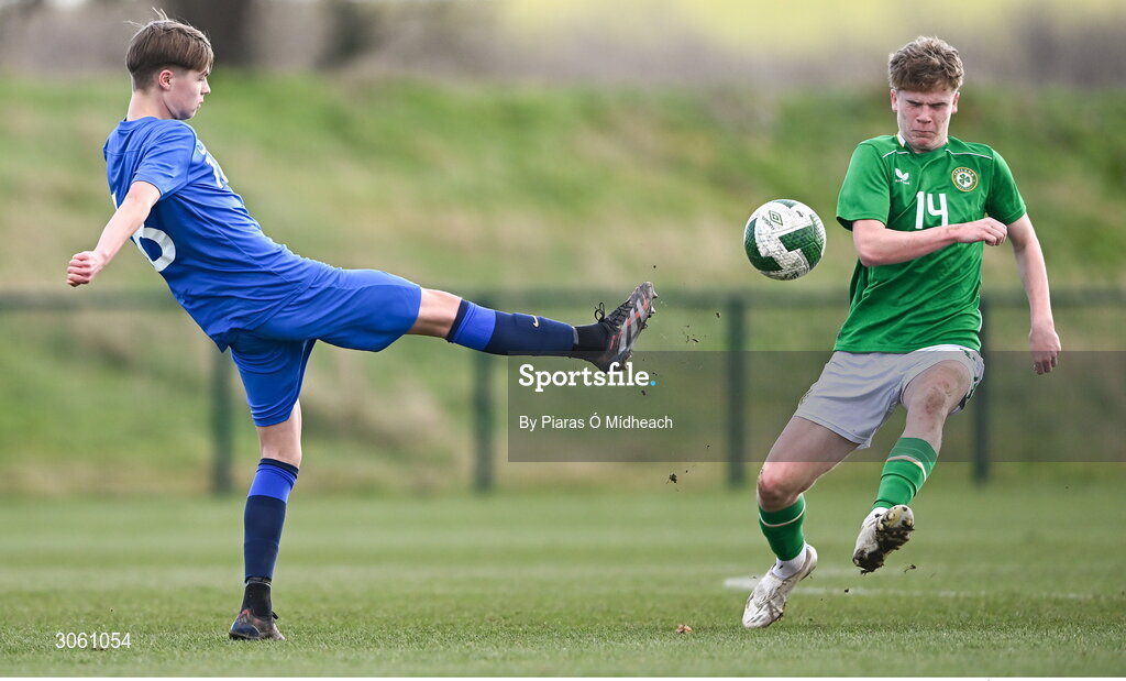 28 February 2025; Elmer Virnes of Finland in action against Tom McGrath of Republic of Ireland during the U16 Boys International Friendly match between Repubic of Ireland and Finland at the FAI National Training Centre in Abbotstown, Dublin. Photo by Piaras Ó Mídheach/Sportsfile