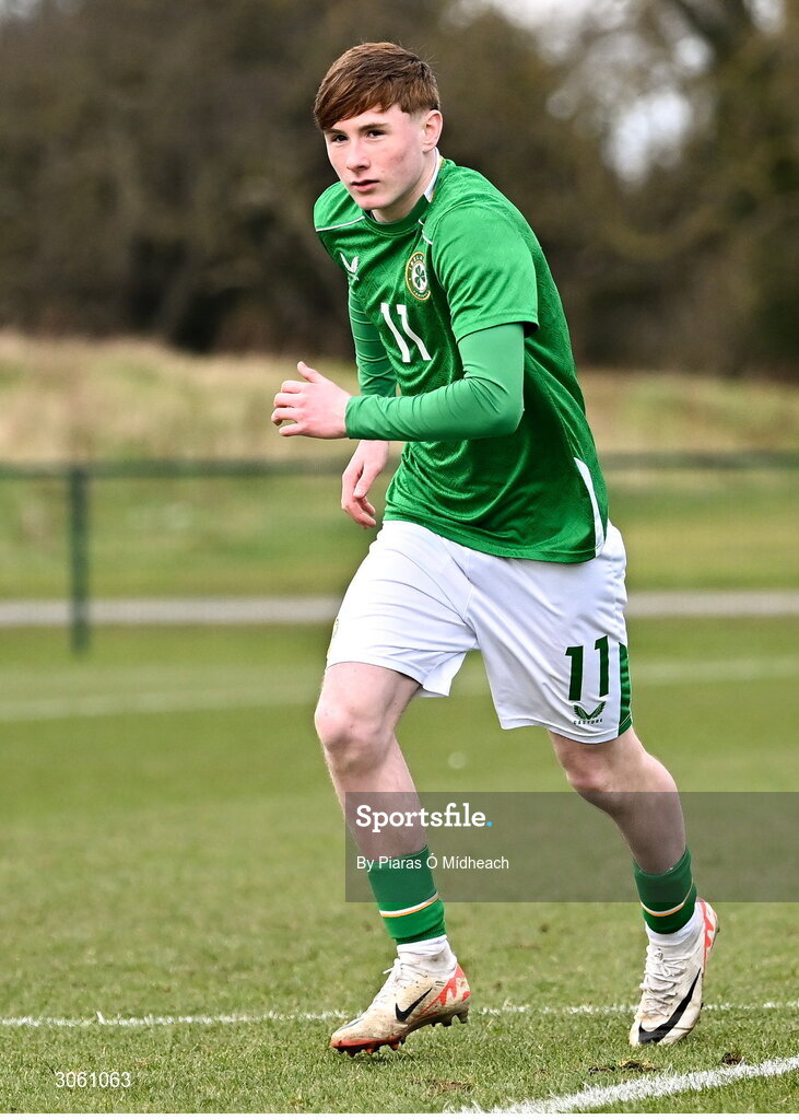 28 February 2025; Joe Byrne of Republic of Ireland during the U16 Boys International Friendly match between Repubic of Ireland and Finland at the FAI National Training Centre in Abbotstown, Dublin. Photo by Piaras Ó Mídheach/Sportsfile