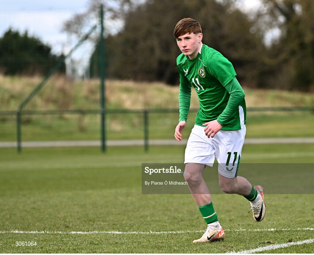 28 February 2025; Joe Byrne of Republic of Ireland during the U16 Boys International Friendly match between Repubic of Ireland and Finland at the FAI National Training Centre in Abbotstown, Dublin. Photo by Piaras Ó Mídheach/Sportsfile