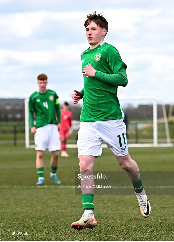 28 February 2025; Joe Byrne of Republic of Ireland during the U16 Boys International Friendly match between Repubic of Ireland and Finland at the FAI National Training Centre in Abbotstown, Dublin. Photo by Piaras Ó Mídheach/Sportsfile