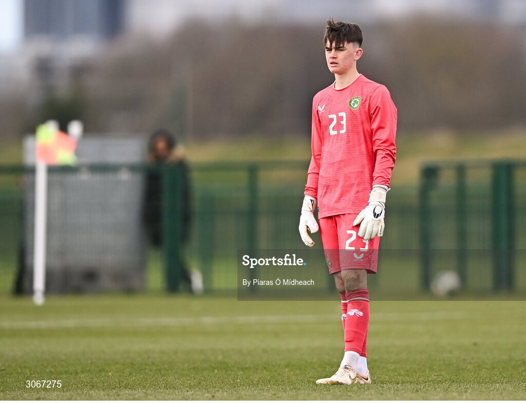 28 February 2025; Republic of Ireland goalkeeper George Moloney during the U16 Boys International Friendly match between Repubic of Ireland and Finland at the FAI National Training Centre in Abbotstown, Dublin. Photo by Piaras Ó Mídheach/Sportsfile