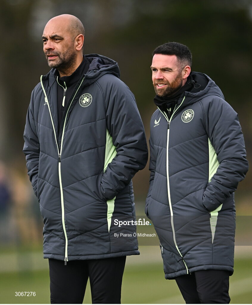 28 February 2025; Republic of Ireland head coach Paul Osam, left, and his assistant coach Mark Connors during the U16 Boys International Friendly match between Repubic of Ireland and Finland at the FAI National Training Centre in Abbotstown, Dublin. Photo by Piaras Ó Mídheach/Sportsfile