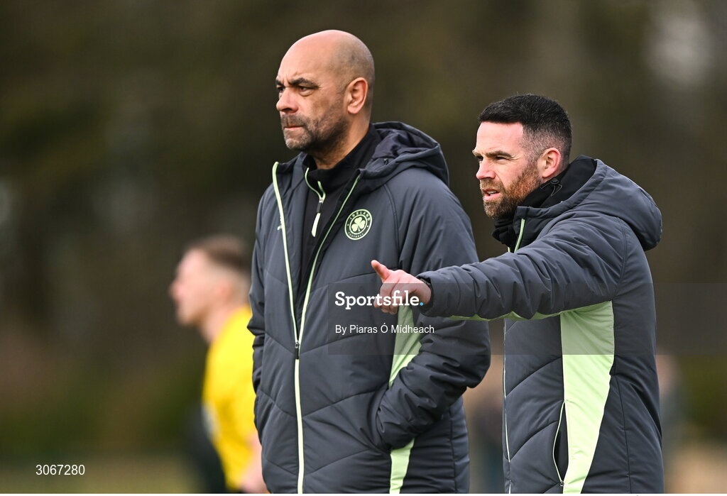 28 February 2025; Republic of Ireland head coach Paul Osam, left, and his assistant coach Mark Connors during the U16 Boys International Friendly match between Repubic of Ireland and Finland at the FAI National Training Centre in Abbotstown, Dublin. Photo by Piaras Ó Mídheach/Sportsfile