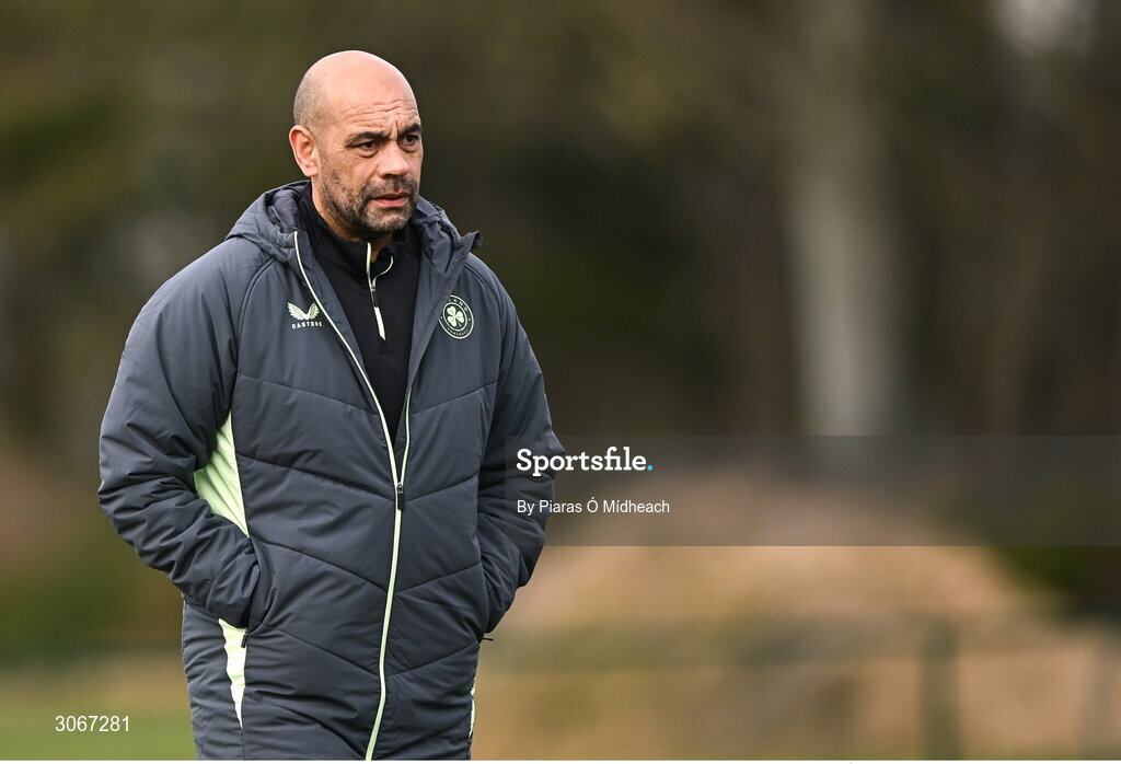 28 February 2025; Republic of Ireland head coach Paul Osam during the U16 Boys International Friendly match between Repubic of Ireland and Finland at the FAI National Training Centre in Abbotstown, Dublin. Photo by Piaras Ó Mídheach/Sportsfile