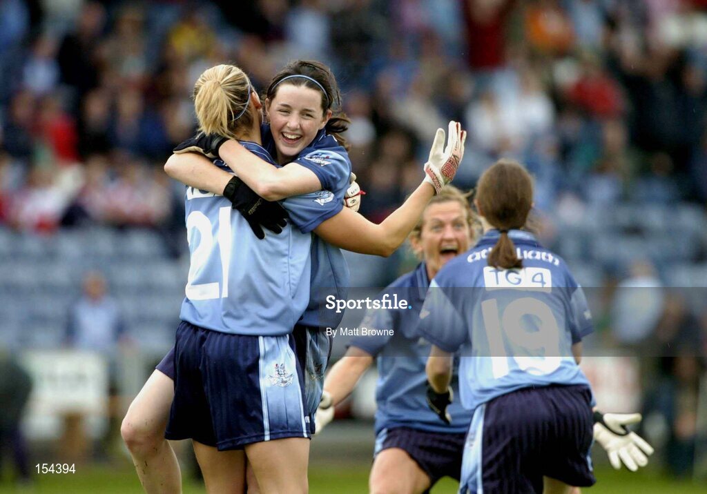 11 September 2004; Dublin players Louise Kelly (21),  Lyndsay Davey, Sinead Ahern (19) and Angie McNally (back) celebrate victory over Kerry. Ladies Football Senior Championship Semi-Final, Dublin v Kerry, O'Moore Park, Portlaoise, Co. Laois. Picture credit; Matt Browne / SPORTSFILE