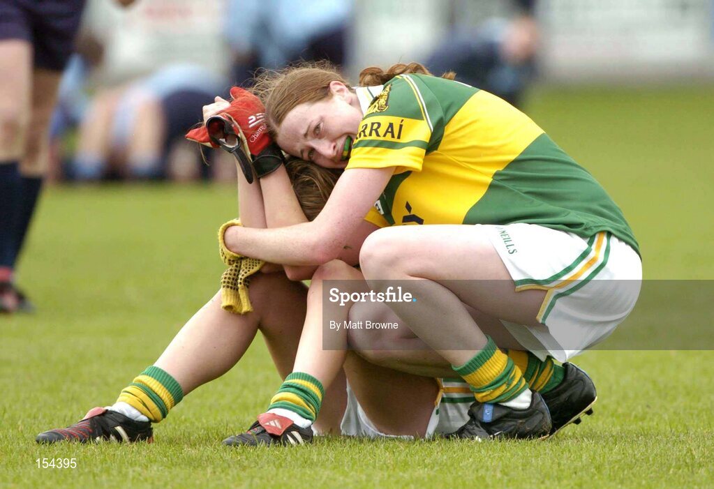 11 September 2004; Dejected Kerry players Katie Gleeson and Riona Ni Chinneide after defeat to Dublin. Ladies Football Senior Championship Semi-Final, Dublin v Kerry, O'Moore Park, Portlaoise, Co. Laois. Picture credit; Matt Browne / SPORTSFILE