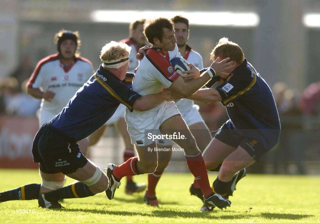 11 September 2004; Andrew Maxwell, Ulster, in action against Des Dillon, left, and Peter Coyle, Leinster. Celtic League 2004-2005, Ulster v Leinster, Ravenhill Park, Belfast. Picture credit; Brendan Moran / SPORTSFILE
