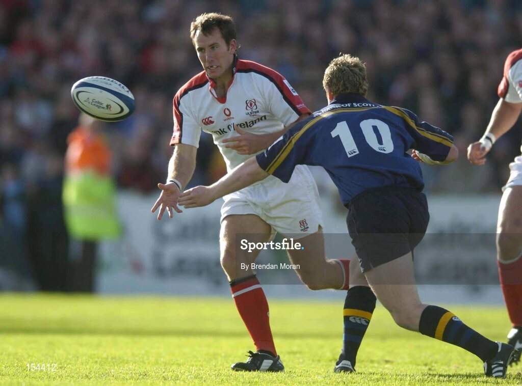 11 September 2004; Andrew Maxwell, Ulster, in action against David McAllister, Leinster. Celtic League 2004-2005, Ulster v Leinster, Ravenhill Park, Belfast. Picture credit; Brendan Moran / SPORTSFILE