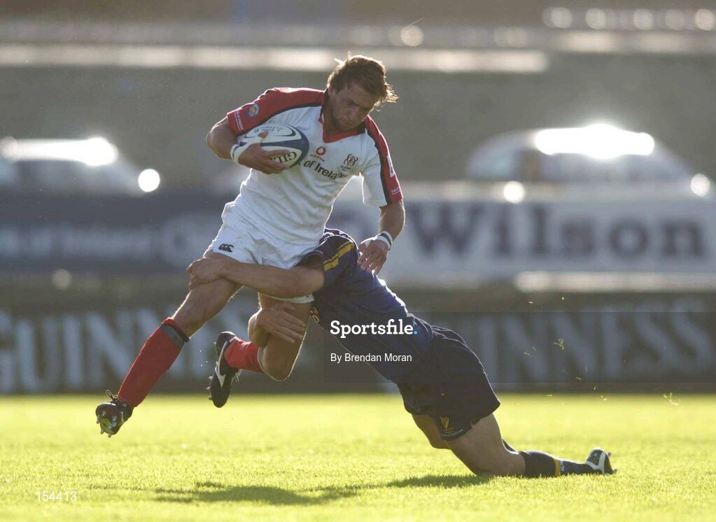 11 September 2004; Neil Best, Ulster, in action against David Quinlan, Leinster. Celtic League 2004-2005, Ulster v Leinster, Ravenhill Park, Belfast. Picture credit; Brendan Moran / SPORTSFILE