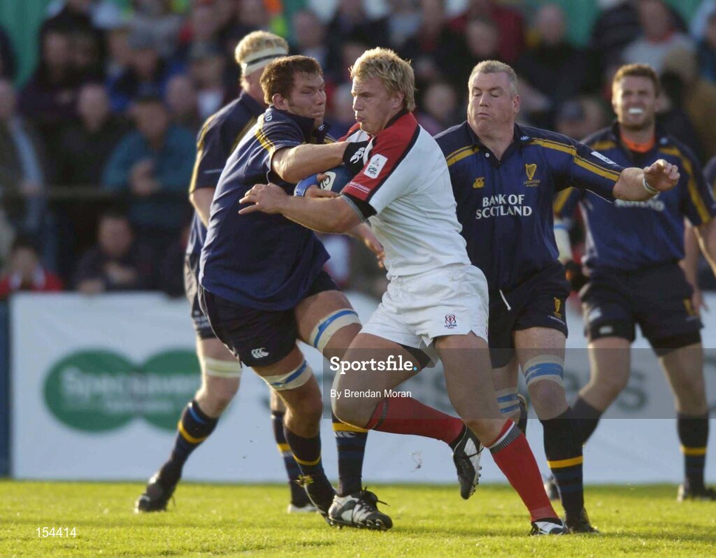 11 September 2004; Roger Wilson, Ulster, in action against Ben Gissing and Victor Costello, right, Leinster. Celtic League 2004-2005, Ulster v Leinster, Ravenhill Park, Belfast. Picture credit; Brendan Moran / SPORTSFILE