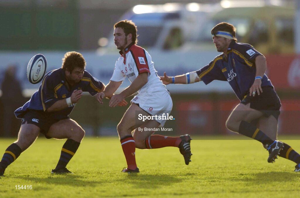 11 September 2004; Paddy Wallace, Ulster, in action against Gavin Hickie, left, and Emmet Byrne, Leinster. Celtic League 2004-2005, Ulster v Leinster, Ravenhill Park, Belfast. Picture credit; Brendan Moran / SPORTSFILE