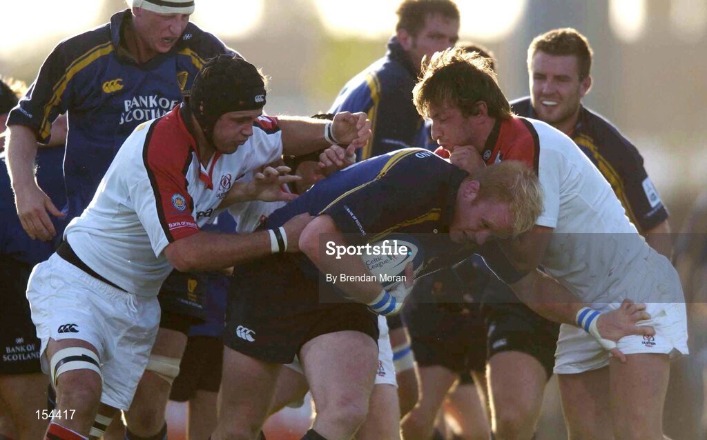 11 September 2004; Des Dillon, Leinster, in action against Matt McCullough, left, and Neil Best, Ulster. Celtic League 2004-2005, Ulster v Leinster, Ravenhill Park, Belfast. Picture credit; Brendan Moran / SPORTSFILE