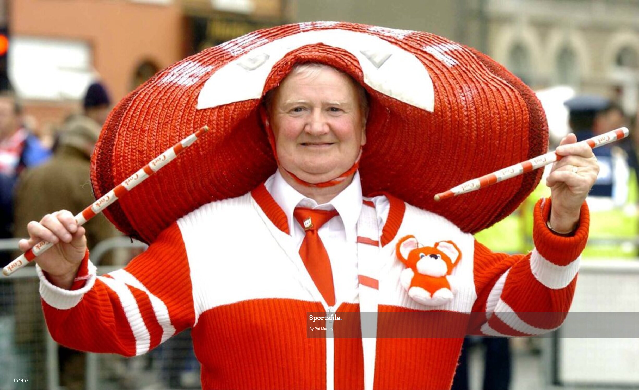12 September 2004; Cork fan Tim O'Leary shows his support before the game. Guinness All-Ireland Senior Hurling Championship Final, Cork v Kilkenny, Croke Park, Dublin. Picture credit; Pat Murphy / SPORTSFILE *** Local Caption *** Any photograph taken by SPORTSFILE during, or in connection with, the 2004 Guinness All-Ireland Hurling Final which displays GAA logos or contains an image or part of an image of any GAA intellectual property, or, which contains images of a GAA player/players in their playing uniforms, may only be used for editorial and non-advertising purposes.  Use of photographs for advertising, as posters or for purchase separately is strictly prohibited unless prior written approval has been obtained from the Gaelic Athletic Association.