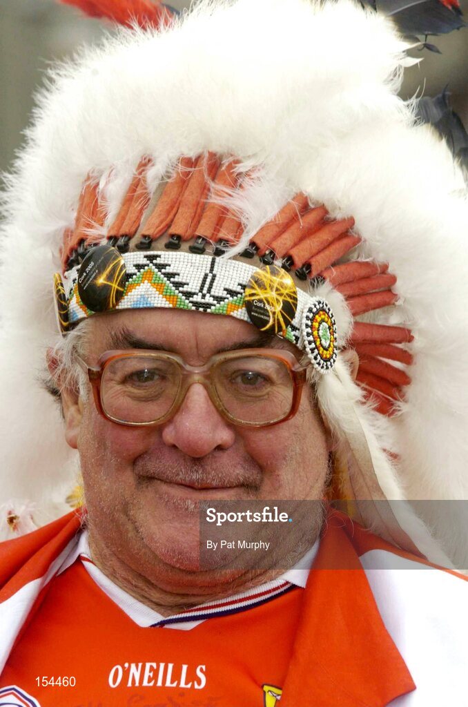 12 September 2004; Cork supporter Ger 'De Chief' Feehan, shows his support before the game. Guinness All-Ireland Senior Hurling Championship Final, Cork v Kilkenny, Croke Park, Dublin. Picture credit; Pat Murphy / SPORTSFILE *** Local Caption *** Any photograph taken by SPORTSFILE during, or in connection with, the 2004 Guinness All-Ireland Hurling Final which displays GAA logos or contains an image or part of an image of any GAA intellectual property, or, which contains images of a GAA player/players in their playing uniforms, may only be used for editorial and non-advertising purposes.  Use of photographs for advertising, as posters or for purchase separately is strictly prohibited unless prior written approval has been obtained from the Gaelic Athletic Association.