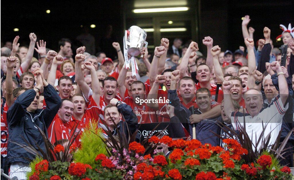 12 September 2004; The Cork team including captain Ben O'Connor celebrate after victory over Kilkenny. Guinness All-Ireland Senior Hurling Championship Final, Cork v Kilkenny, Croke Park, Dublin. Picture credit; Damien Eagers / SPORTSFILE *** Local Caption *** Any photograph taken by SPORTSFILE during, or in connection with, the 2004 Guinness All-Ireland Hurling Final which displays GAA logos or contains an image or part of an image of any GAA intellectual property, or, which contains images of a GAA player/players in their playing uniforms, may only be used for editorial and non-advertising purposes.  Use of photographs for advertising, as posters or for purchase separately is strictly prohibited unless prior written approval has been obtained from the Gaelic Athletic Association.