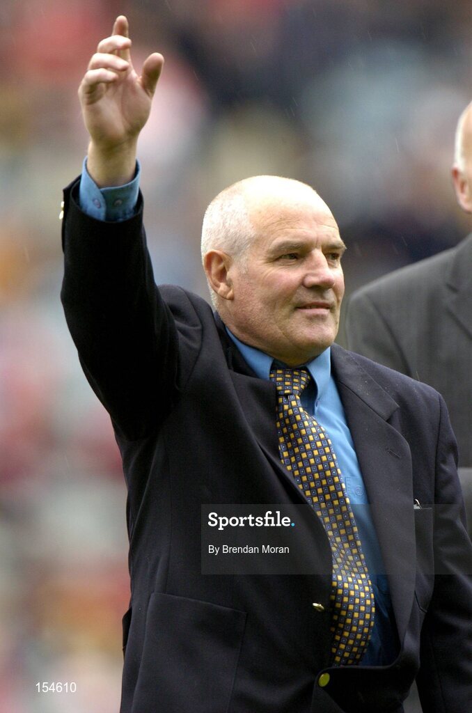 12 September 2004; Member of the 1979 Kilkenny team, Phil "Fan" Larkin, is introduced to the crowd before the game. Guinness All-Ireland Senior Hurling Championship Final, Cork v Kilkenny, Croke Park, Dublin. Picture credit; Brendan Moran / SPORTSFILE *** Local Caption *** Any photograph taken by SPORTSFILE during, or in connection with, the 2004 Guinness All-Ireland Hurling Final which displays GAA logos or contains an image or part of an image of any GAA intellectual property, or, which contains images of a GAA player/players in their playing uniforms, may only be used for editorial and non-advertising purposes.  Use of photographs for advertising, as posters or for purchase separately is strictly prohibited unless prior written approval has been obtained from the Gaelic Athletic Association.