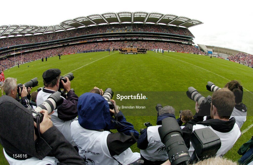12 September 2004; The Kilkenny team stand for the traditional team photograph before the game. Guinness All-Ireland Senior Hurling Championship Final, Cork v Kilkenny, Croke Park, Dublin. Picture credit; Brendan Moran / SPORTSFILE *** Local Caption *** Any photograph taken by SPORTSFILE during, or in connection with, the 2004 Guinness All-Ireland Hurling Final which displays GAA logos or contains an image or part of an image of any GAA intellectual property, or, which contains images of a GAA player/players in their playing uniforms, may only be used for editorial and non-advertising purposes.  Use of photographs for advertising, as posters or for purchase separately is strictly prohibited unless prior written approval has been obtained from the Gaelic Athletic Association.