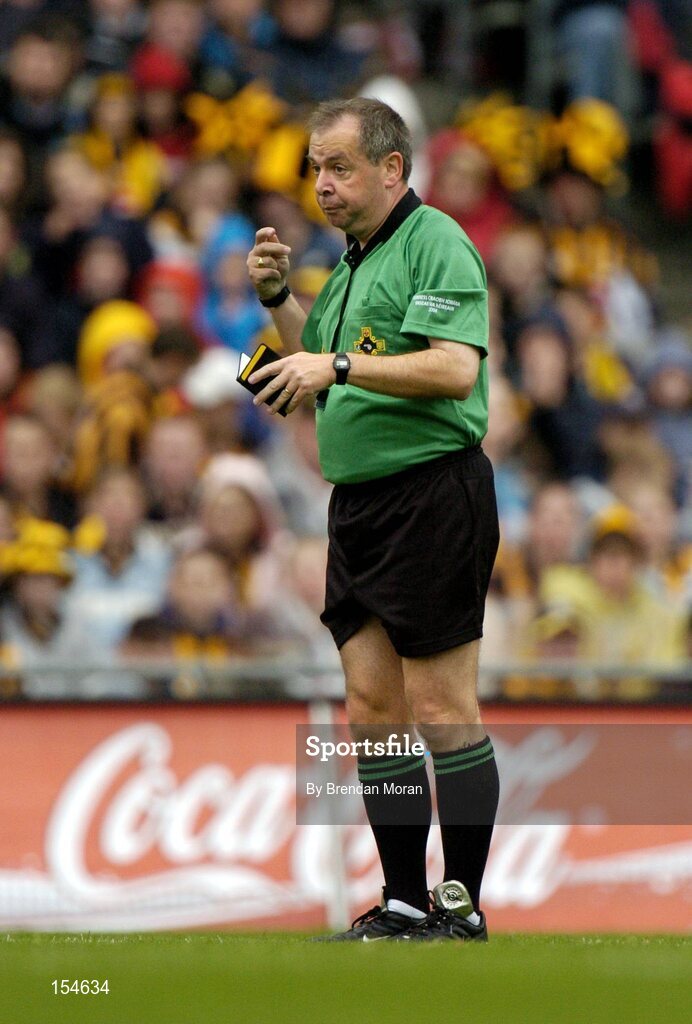 12 September 2004; Aodan MacSuibhne, Referee. Guinness All-Ireland Senior Hurling Championship Final, Cork v Kilkenny, Croke Park, Dublin. Picture credit; Brendan Moran / SPORTSFILE *** Local Caption *** Any photograph taken by SPORTSFILE during, or in connection with, the 2004 Guinness All-Ireland Hurling Final which displays GAA logos or contains an image or part of an image of any GAA intellectual property, or, which contains images of a GAA player/players in their playing uniforms, may only be used for editorial and non-advertising purposes.  Use of photographs for advertising, as posters or for purchase separately is strictly prohibited unless prior written approval has been obtained from the Gaelic Athletic Association.