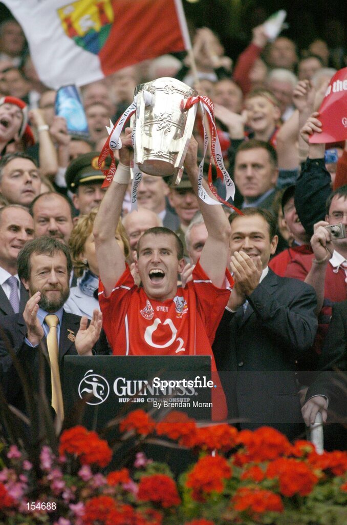 12 September 2004; Cork captain Ben O'Connor lifts the Liam MacCarthy cup after victory over Kilkenny. Guinness All-Ireland Senior Hurling Championship Final, Cork v Kilkenny, Croke Park, Dublin. Picture credit; Brendan Moran / SPORTSFILE