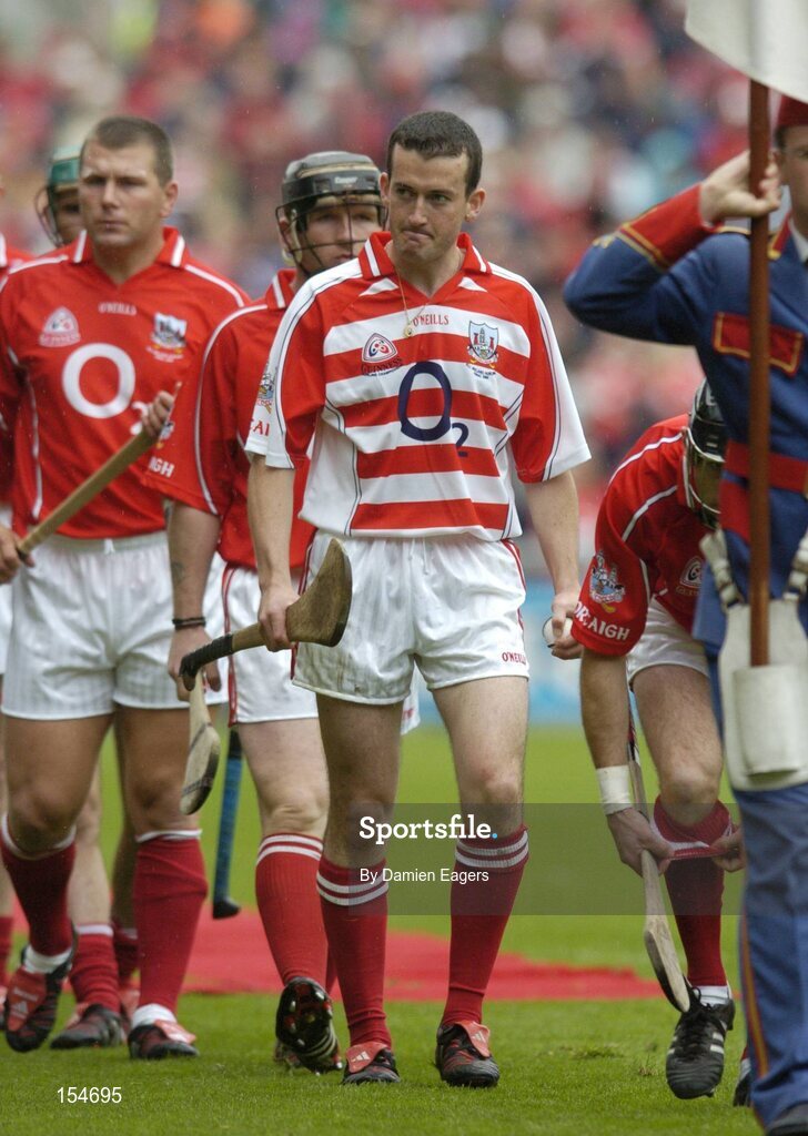 12 September 2004; Cork goalkeeper Donal Og Cusack during the pre match parade. Guinness All-Ireland Senior Hurling Championship Final, Cork v Kilkenny, Croke Park, Dublin. Picture credit; Damien Eagers / SPORTSFILE *** Local Caption *** Any photograph taken by SPORTSFILE during, or in connection with, the 2004 Guinness All-Ireland Hurling Final which displays GAA logos or contains an image or part of an image of any GAA intellectual property, or, which contains images of a GAA player/players in their playing uniforms, may only be used for editorial and non-advertising purposes.  Use of photographs for advertising, as posters or for purchase separately is strictly prohibited unless prior written approval has been obtained from the Gaelic Athletic Association.
