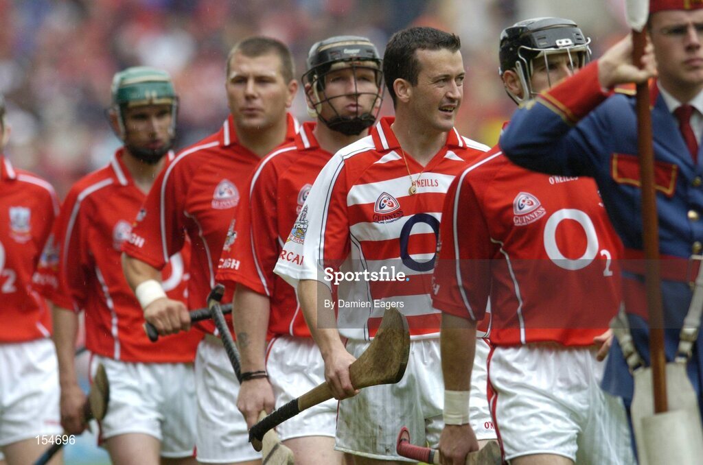 12 September 2004; Cork goalkeeper Donal Og Cusack during the pre match parade. Guinness All-Ireland Senior Hurling Championship Final, Cork v Kilkenny, Croke Park, Dublin. Picture credit; Damien Eagers / SPORTSFILE *** Local Caption *** Any photograph taken by SPORTSFILE during, or in connection with, the 2004 Guinness All-Ireland Hurling Final which displays GAA logos or contains an image or part of an image of any GAA intellectual property, or, which contains images of a GAA player/players in their playing uniforms, may only be used for editorial and non-advertising purposes.  Use of photographs for advertising, as posters or for purchase separately is strictly prohibited unless prior written approval has been obtained from the Gaelic Athletic Association.