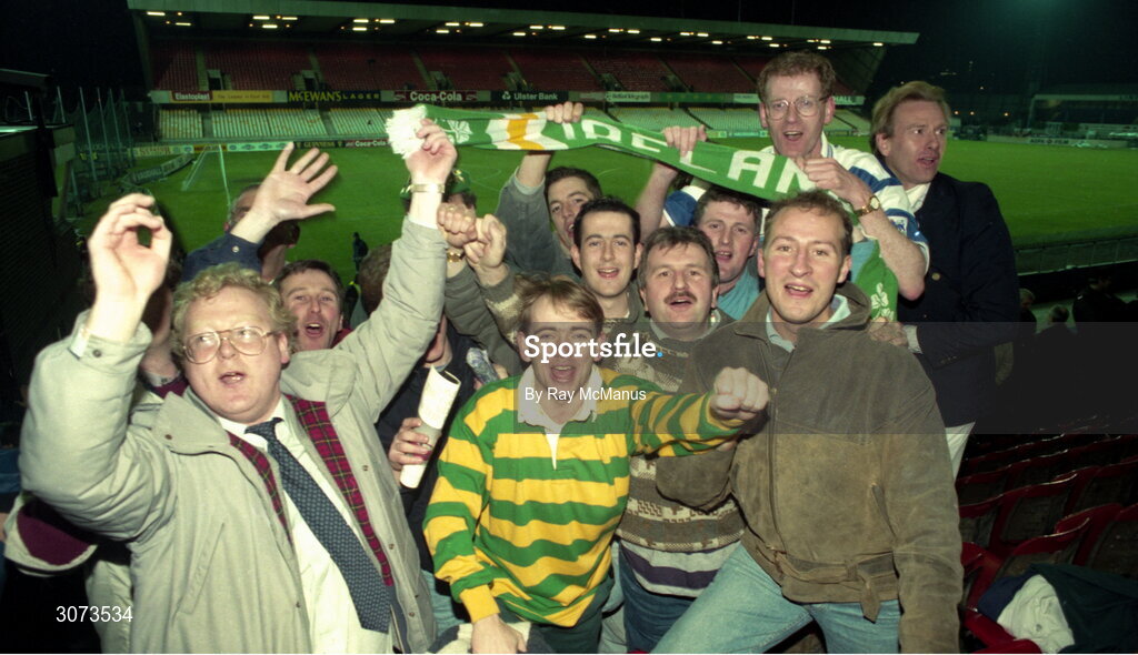 17 November 1993; Republic of Ireland fans celebrate after the FIFA World Cup Qualifier match between Northern Ireland and Republic of Ireland at Windsor Park in Belfast. Photo by Ray McManus/Sportsfile