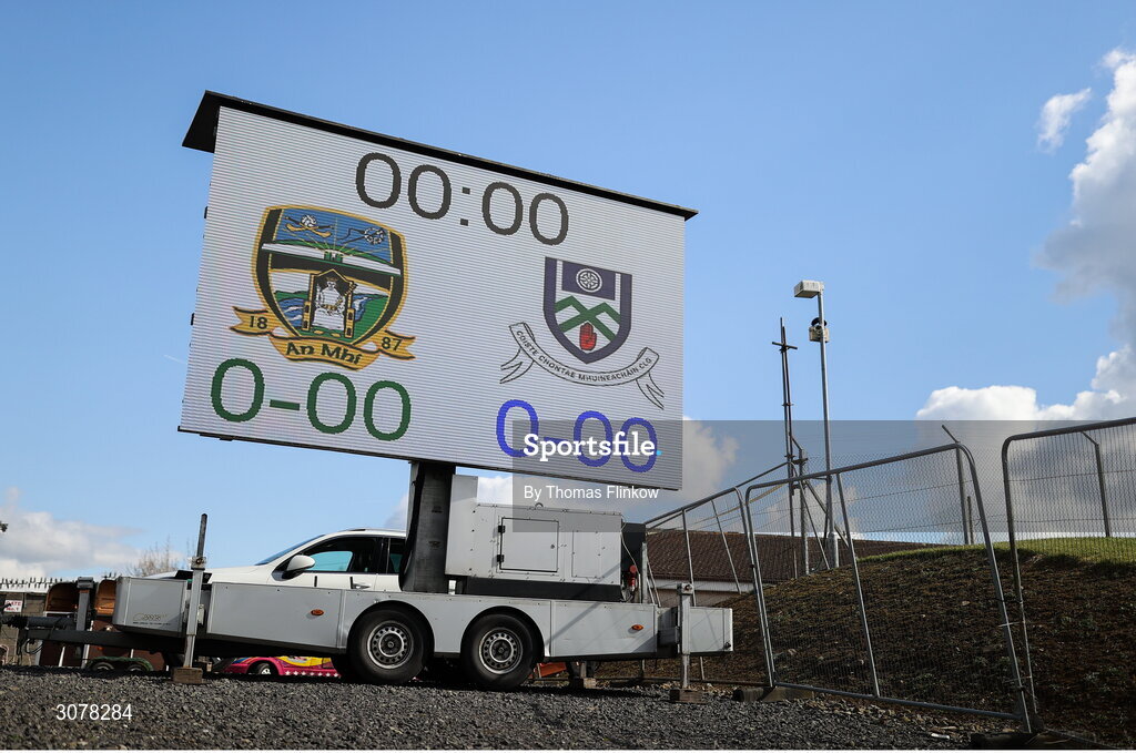 16 March 2025; A general view of the scoreboard before the Allianz Football League Division 2 match between Meath and Monaghan at Páirc Tailteann in Navan, Meath. Photo by Thomas Flinkow/Sportsfile