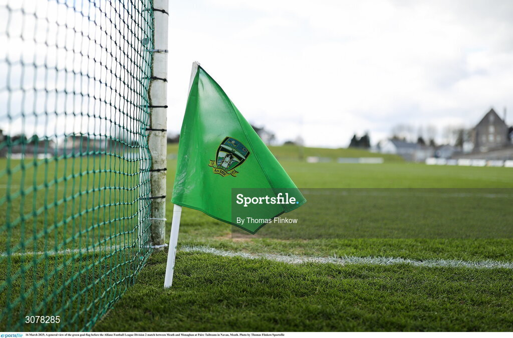16 March 2025; A general view of the green goal flag before the Allianz Football League Division 2 match between Meath and Monaghan at Páirc Tailteann in Navan, Meath. Photo by Thomas Flinkow/Sportsfile