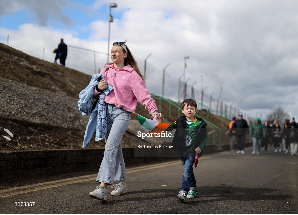 16 March 2025; Supporters make their way to the grounds before the Allianz Football League Division 2 match between Meath and Monaghan at Páirc Tailteann in Navan, Meath. Photo by Thomas Flinkow/Sportsfile