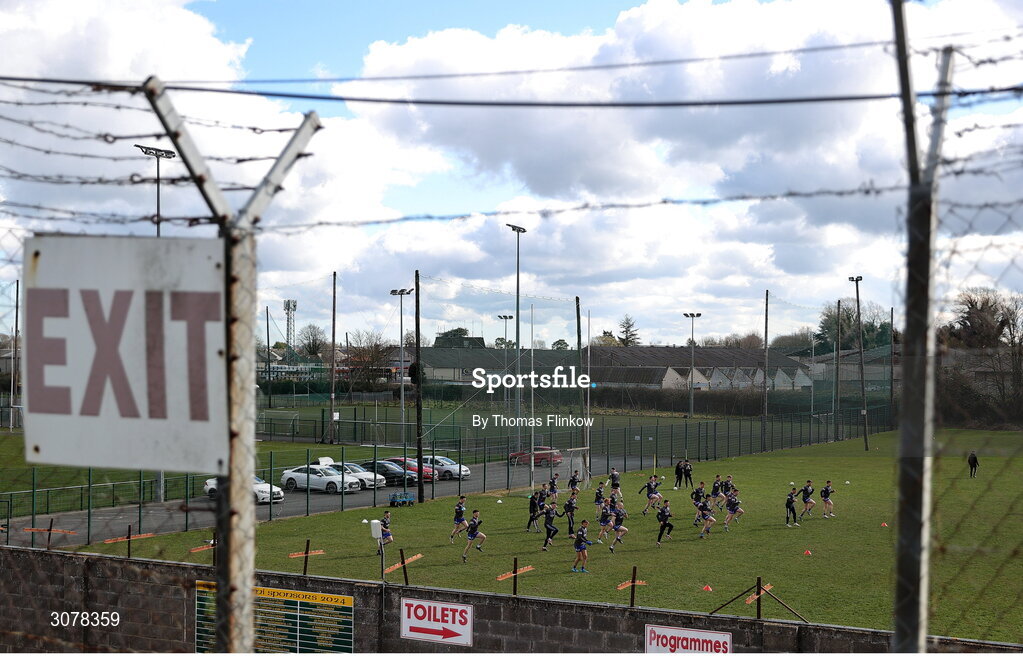 16 March 2025; The Monaghan team warm up before the Allianz Football League Division 2 match between Meath and Monaghan at Páirc Tailteann in Navan, Meath. Photo by Thomas Flinkow/Sportsfile