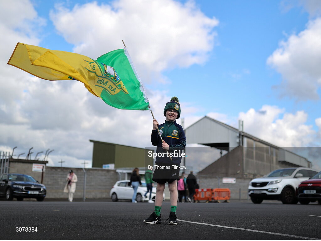 16 March 2025; Meath supporter Jack Lydon, age 6, from Kells, before the Allianz Football League Division 2 match between Meath and Monaghan at Páirc Tailteann in Navan, Meath. Photo by Thomas Flinkow/Sportsfile
