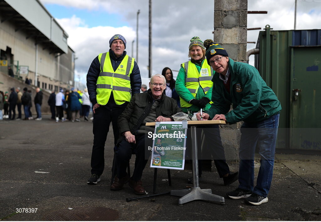 16 March 2025; Members of the Meath GAA Supporters Club, from left to right, chairman Tony O'Brien, honorary president Jack Kieran, Ann Farrel, and Sean Caffrey before the Allianz Football League Division 2 match between Meath and Monaghan at Páirc Tailteann in Navan, Meath. Photo by Thomas Flinkow/Sportsfile
