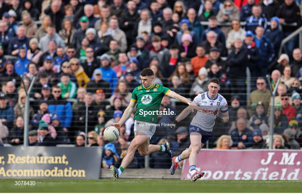 16 March 2025; Eoghan Frayne kicks a point during the Allianz Football League Division 2 match between Meath and Monaghan at Páirc Tailteann in Navan, Meath. Photo by Thomas Flinkow/Sportsfile