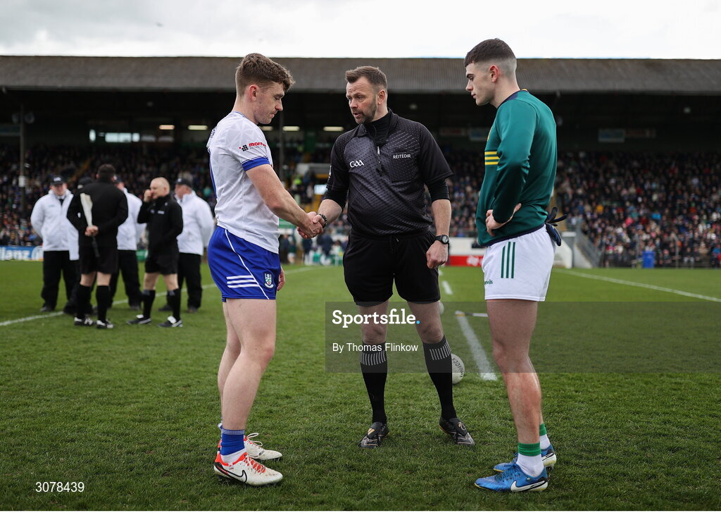 16 March 2025; Mícheál Bannigan of Monaghan with referee Anthony Nolan and Eoghan Frayne of Meath before the Allianz Football League Division 2 match between Meath and Monaghan at Páirc Tailteann in Navan, Meath. Photo by Thomas Flinkow/Sportsfile
