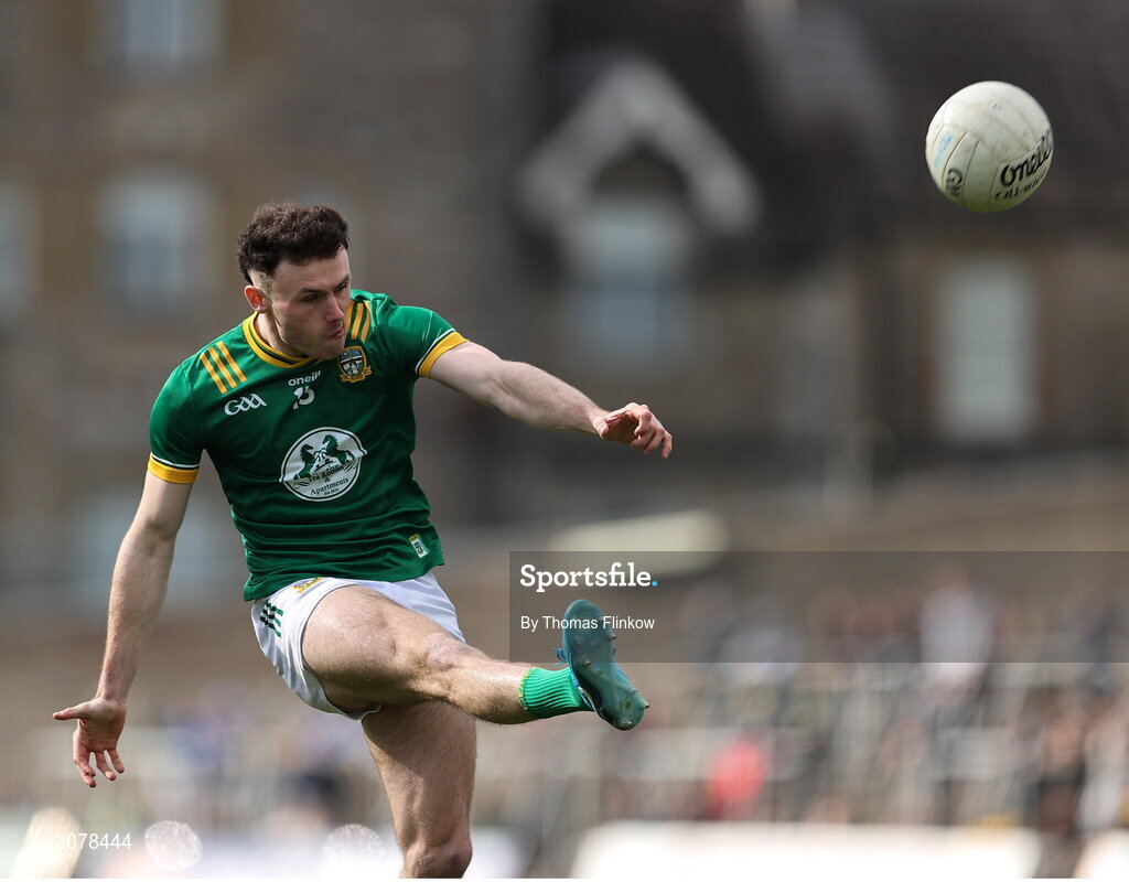 16 March 2025; Jordan Morris of Meath kicks a point during the Allianz Football League Division 2 match between Meath and Monaghan at Páirc Tailteann in Navan, Meath. Photo by Thomas Flinkow/Sportsfile