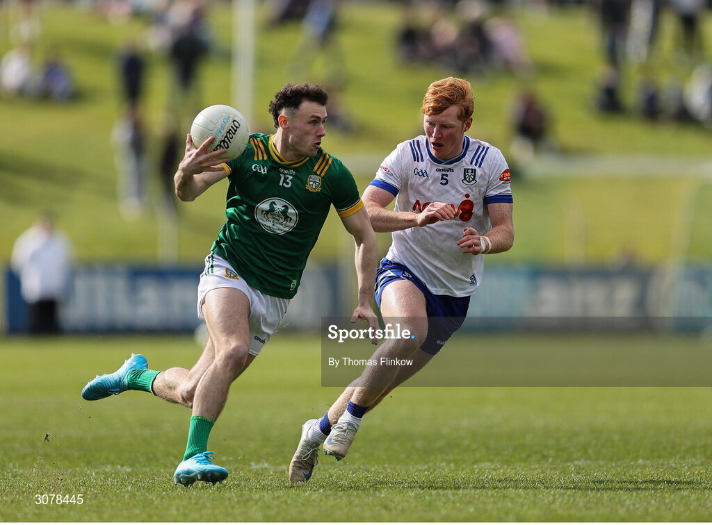 16 March 2025; Jordan Morris of Meath in action against Ryan O'Toole of Monaghan during the Allianz Football League Division 2 match between Meath and Monaghan at Páirc Tailteann in Navan, Meath. Photo by Thomas Flinkow/Sportsfile