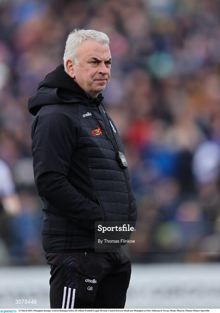 16 March 2025; Monaghan manager Gabriel Bannigan before the Allianz Football League Division 2 match between Meath and Monaghan at Páirc Tailteann in Navan, Meath. Photo by Thomas Flinkow/Sportsfile