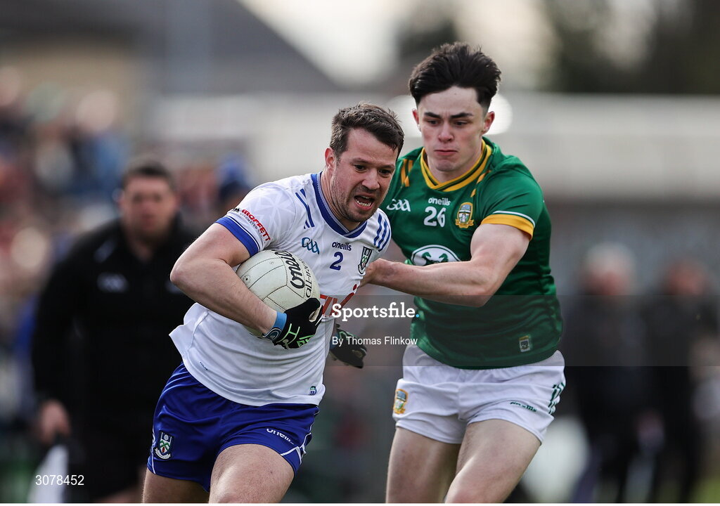 16 March 2025; Ryan Wylie of Monaghan of Monaghan in action against Eoin Harkin of Meath during the Allianz Football League Division 2 match between Meath and Monaghan at Páirc Tailteann in Navan, Meath. Photo by Thomas Flinkow/Sportsfile
