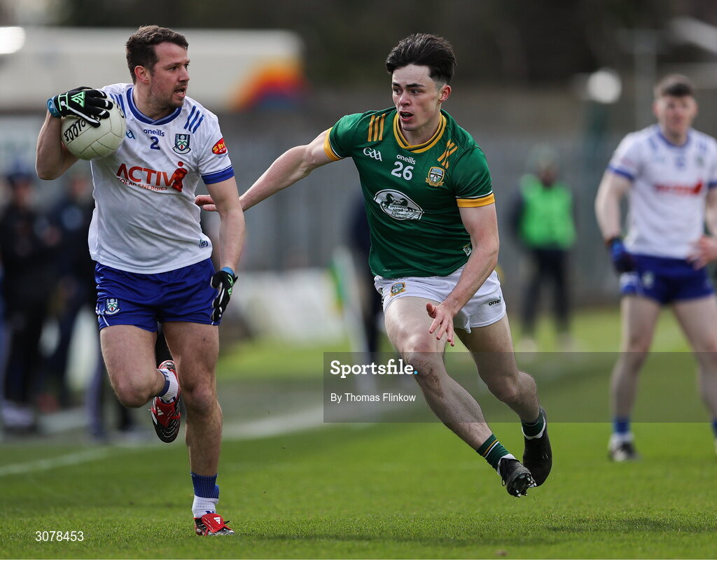 16 March 2025; Ryan Wylie of Monaghan of Monaghan in action against Eoin Harkin of Meath during the Allianz Football League Division 2 match between Meath and Monaghan at Páirc Tailteann in Navan, Meath. Photo by Thomas Flinkow/Sportsfile
