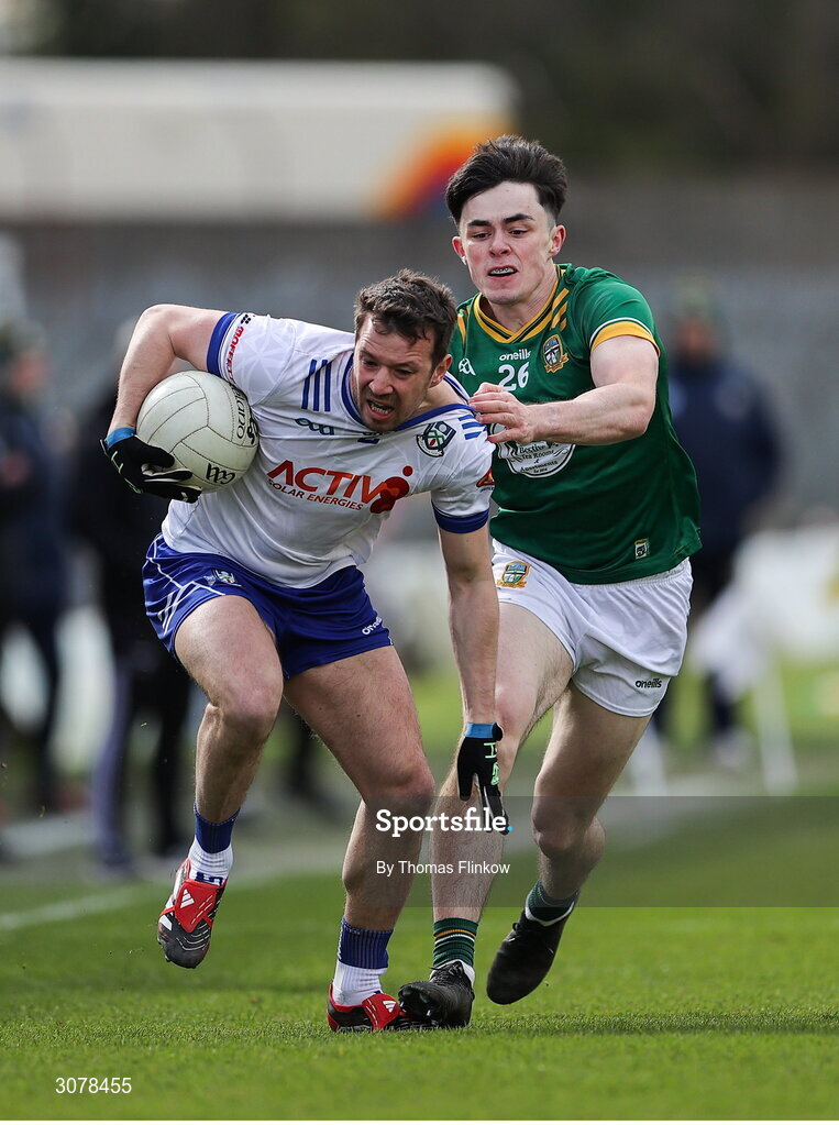 16 March 2025; Ryan Wylie of Monaghan of Monaghan in action against Eoin Harkin of Meath during the Allianz Football League Division 2 match between Meath and Monaghan at Páirc Tailteann in Navan, Meath. Photo by Thomas Flinkow/Sportsfile