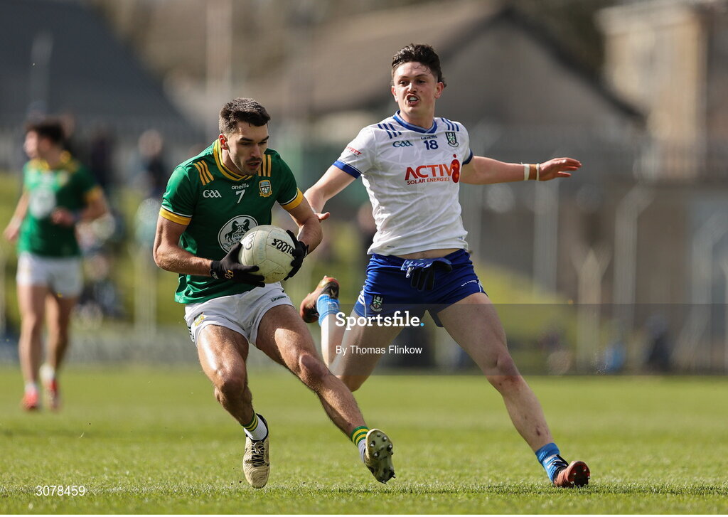 16 March 2025; Ciarán Caulfield of Meath in action against Gary Mohan of Monaghan during the Allianz Football League Division 2 match between Meath and Monaghan at Páirc Tailteann in Navan, Meath. Photo by Thomas Flinkow/Sportsfile