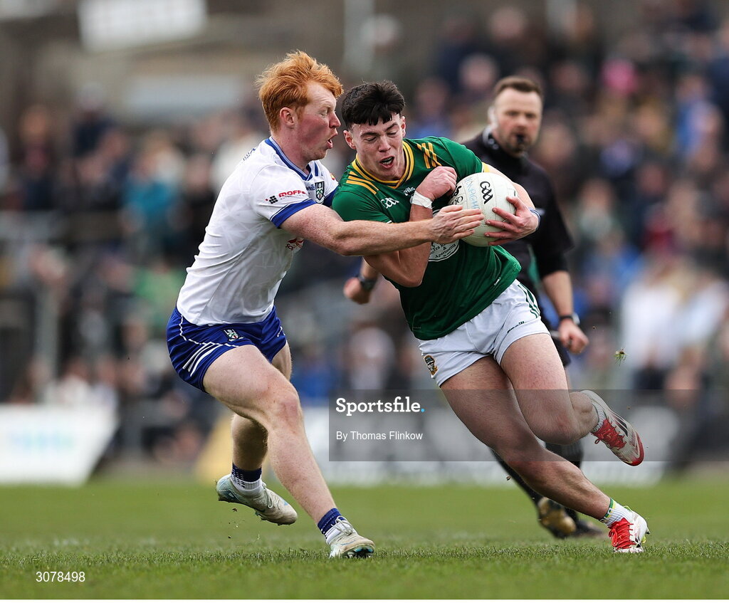 16 March 2025; Keith Curtis of Meath is tackled by Ryan O'Toole of Monaghan during the Allianz Football League Division 2 match between Meath and Monaghan at Páirc Tailteann in Navan, Meath. Photo by Thomas Flinkow/Sportsfile