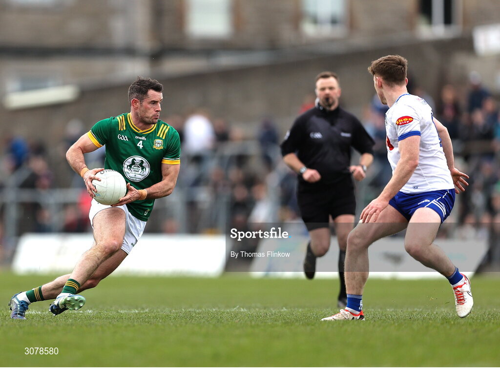 16 March 2025; Donal Keogan of Meath in action against Mícheál Bannigan of Monaghan during the Allianz Football League Division 2 match between Meath and Monaghan at Páirc Tailteann in Navan, Meath. Photo by Thomas Flinkow/Sportsfile