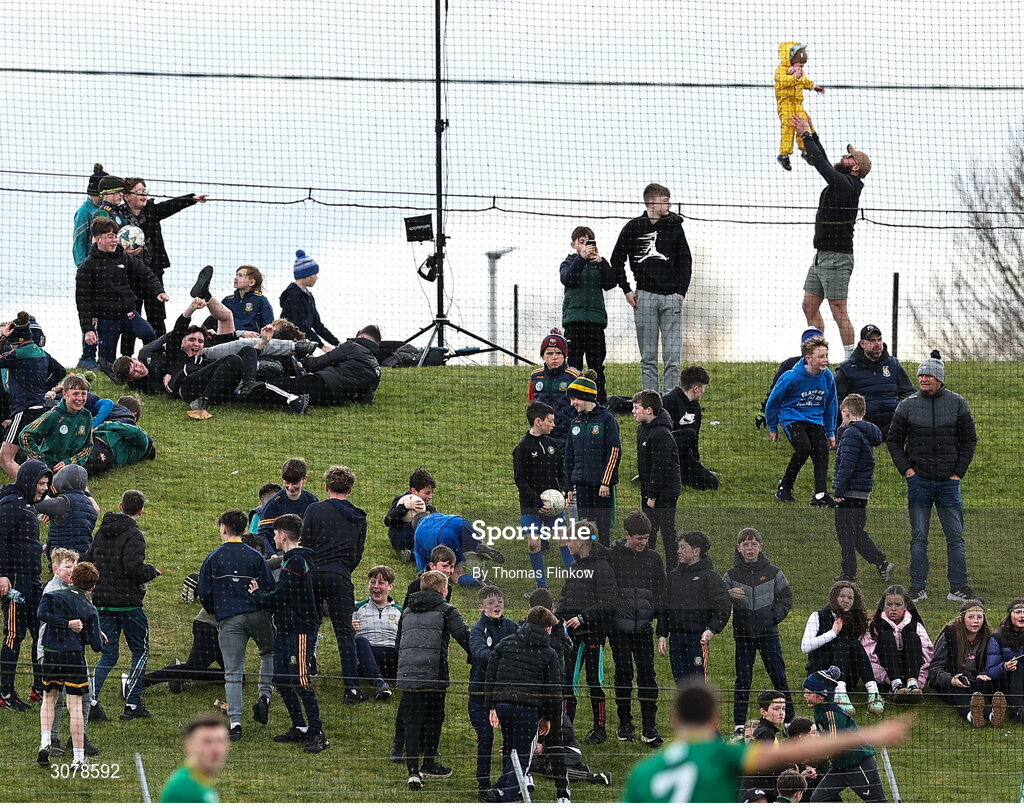 16 March 2025; Meath supporters celebrate after their side's first goal during the Allianz Football League Division 2 match between Meath and Monaghan at Páirc Tailteann in Navan, Meath. Photo by Thomas Flinkow/Sportsfile