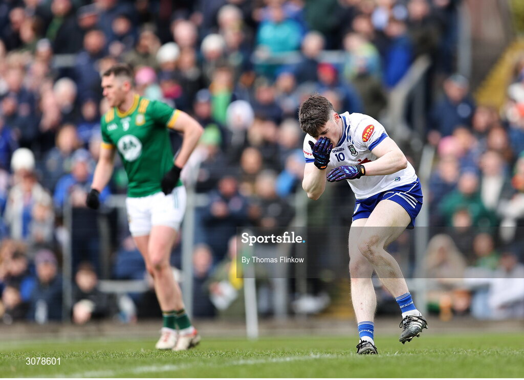 16 March 2025; Stephen O'Hanlon of Monaghan picks up an injury during the Allianz Football League Division 2 match between Meath and Monaghan at Páirc Tailteann in Navan, Meath. Photo by Thomas Flinkow/Sportsfile