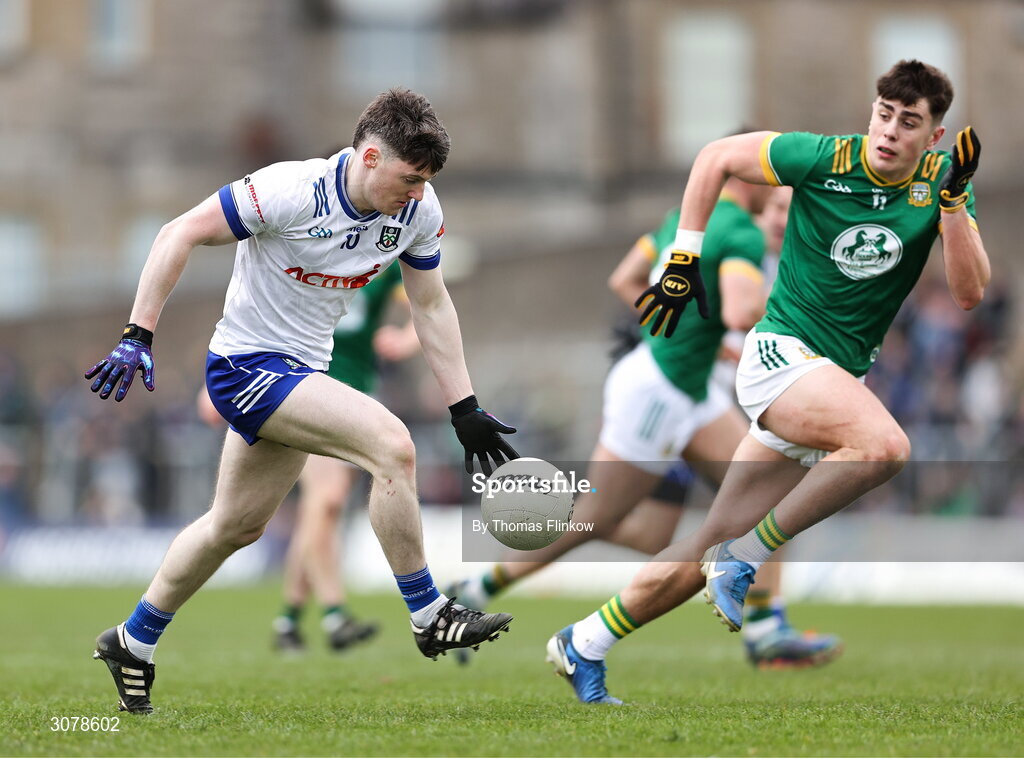 16 March 2025; Stephen O'Hanlon of Monaghan in action against Jack Kinlough of Meath during the Allianz Football League Division 2 match between Meath and Monaghan at Páirc Tailteann in Navan, Meath. Photo by Thomas Flinkow/Sportsfile
