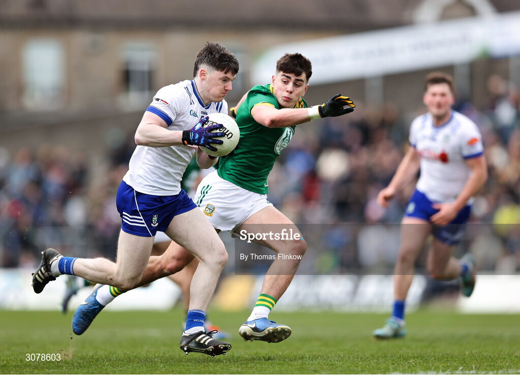 16 March 2025; Stephen O'Hanlon of Monaghan in action against Jack Kinlough of Meath during the Allianz Football League Division 2 match between Meath and Monaghan at Páirc Tailteann in Navan, Meath. Photo by Thomas Flinkow/Sportsfile