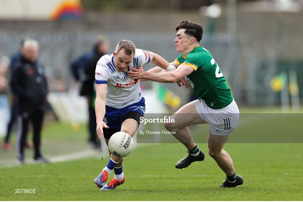 16 March 2025; Jack Mc Carron of Monaghan in action against Eoin Harkin of Meath during the Allianz Football League Division 2 match between Meath and Monaghan at Páirc Tailteann in Navan, Meath. Photo by Thomas Flinkow/Sportsfile